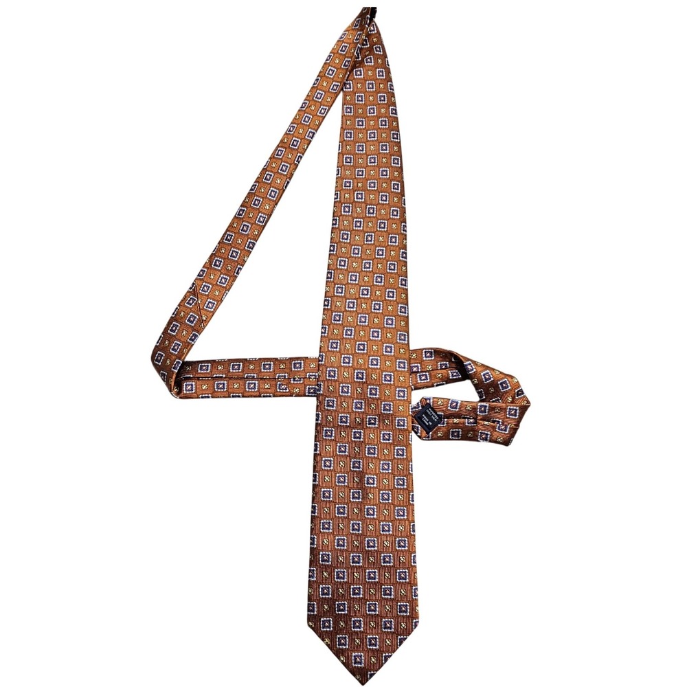 Jos A Bank Silk Necktie Burnt Orange Blue Geometric Square Pattern Woven Tie